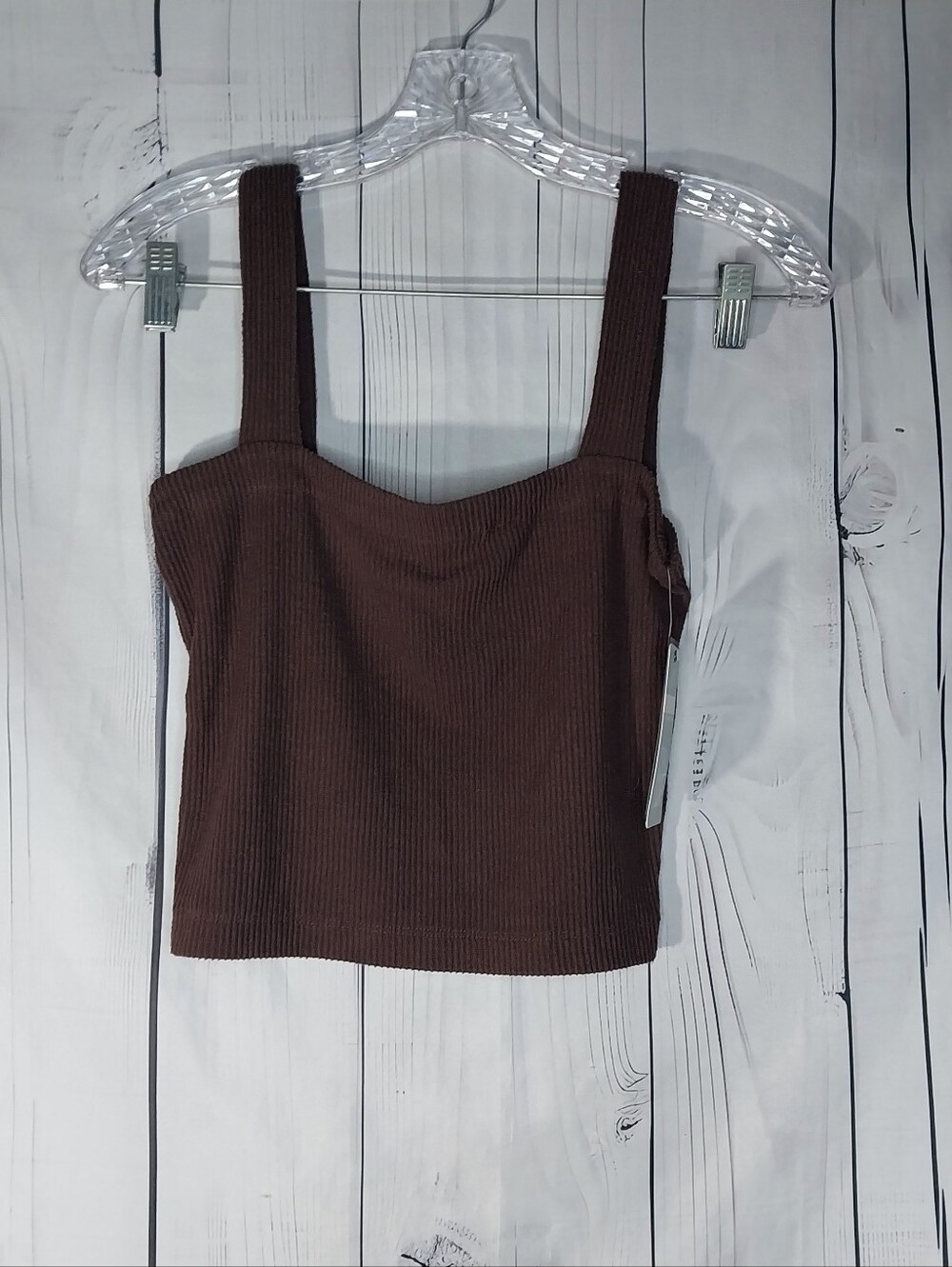 Chaser Brown Ribbed Square-Neck Cropped Festival Indie Basic Casual Tank Top